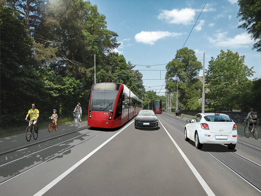 Abschnitt Schönegg-Sandrain: Das Tram fährt stadteinwärts neu im Mischverkehr und stadtauswärts weiterhin im Eigentrassee. Auf beiden Strassenseiten gibt es neu Velowege, die Fusswegverbindung verläuft neu entlang der Bondelistrasse.