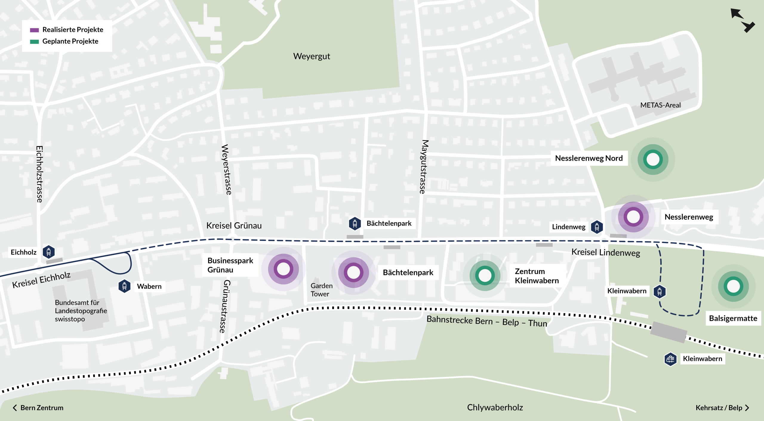 Abbildung Übersichtsplan vom Perimeter des Projektes "Tram Kleinwabern" mit Eingezeichneten Entwicklungsschwerpunkte