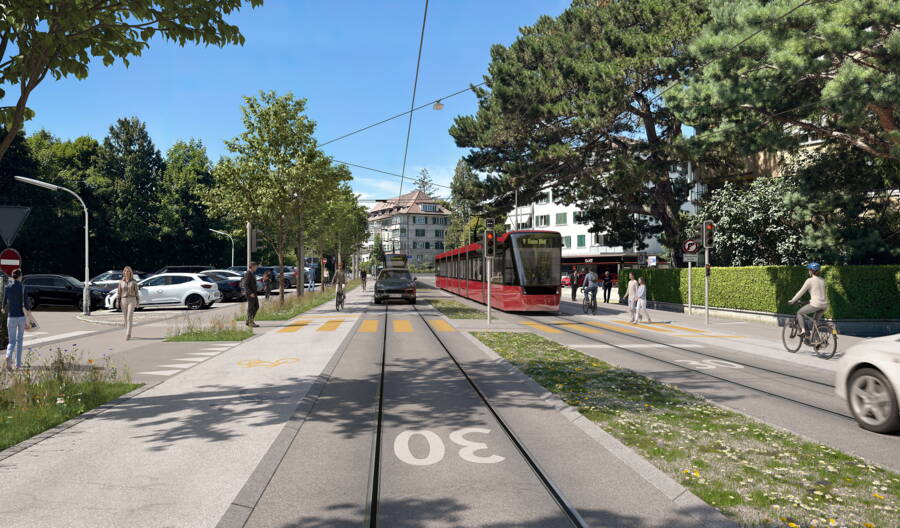 Abschnitt Morillon-Schönegg: Das Tram fährt neu in beide Richtungen im Mischverkehr, auf beiden Strassenseiten gibt es Velo- und Fusswege.