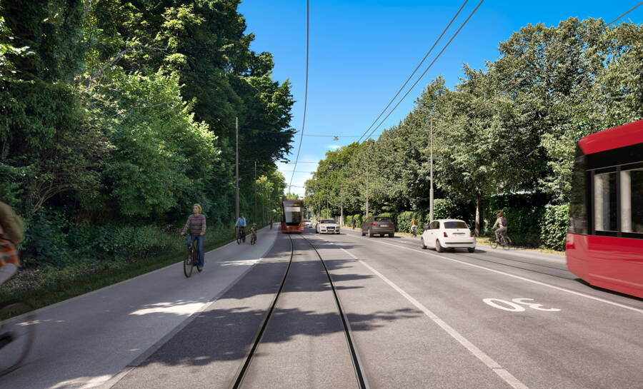 Abschnitt Schönegg-Sandrain: Das Tram fährt stadteinwärts neu im Mischverkehr und stadtauswärts weiterhin im Eigentrassee. Auf beiden Strassenseiten gibt es neu Velowege, die Fusswegverbindung verläuft neu entlang der Bondelistrasse.