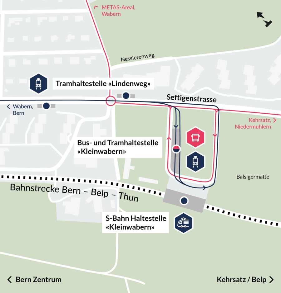Der neue ÖV-Knoten «Kleinwabern» verbindet Tram, S-Bahn und Bus.